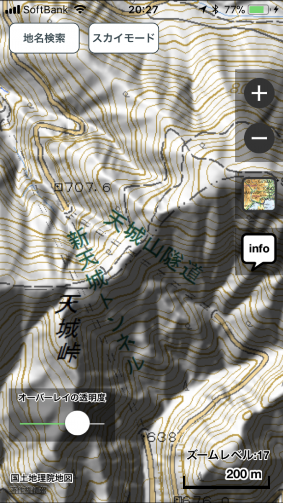 旧天城トンネルを国土地理院 淡色地図 + 陰影起伏図のオーバーレイで表示。