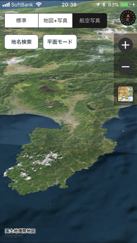 伊豆半島をAppleMap + 航空写真 + スカイモードで表示。