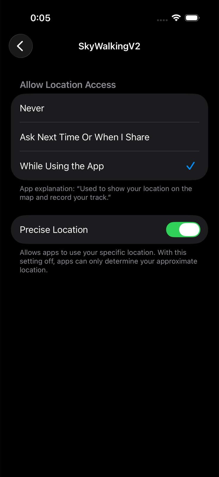 Location screen in the iOS Settings app, with "While Using the App" selected and "Precise Location" turned on
