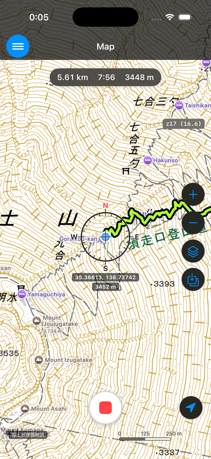 Map screen while recording a GPS log. The track is drawn as a green line, with distance, elapsed time and elevation below the navigation bar and a stop button at the bottom of the screen