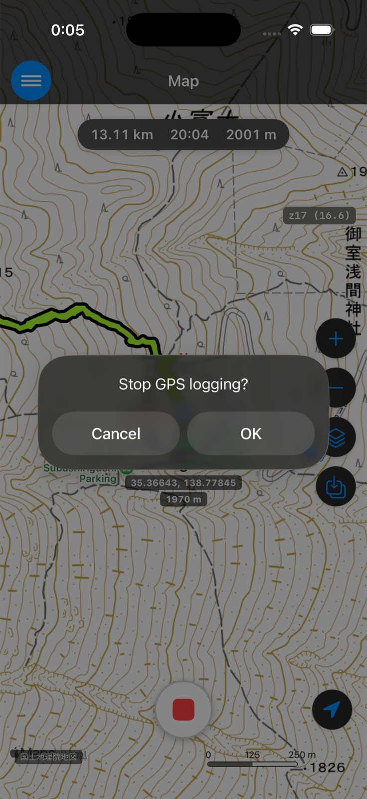 Confirmation "Stop GPS logging?" shown after tapping the stop button