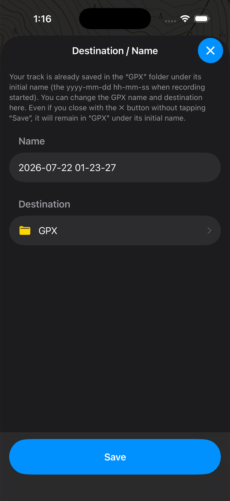 "Destination / Name" screen, showing the name field, the destination folder and the Save button