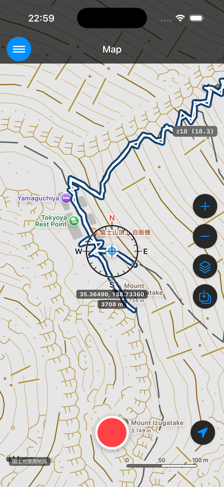 Following mode on: the blue current-location dot is at the center of the center compass