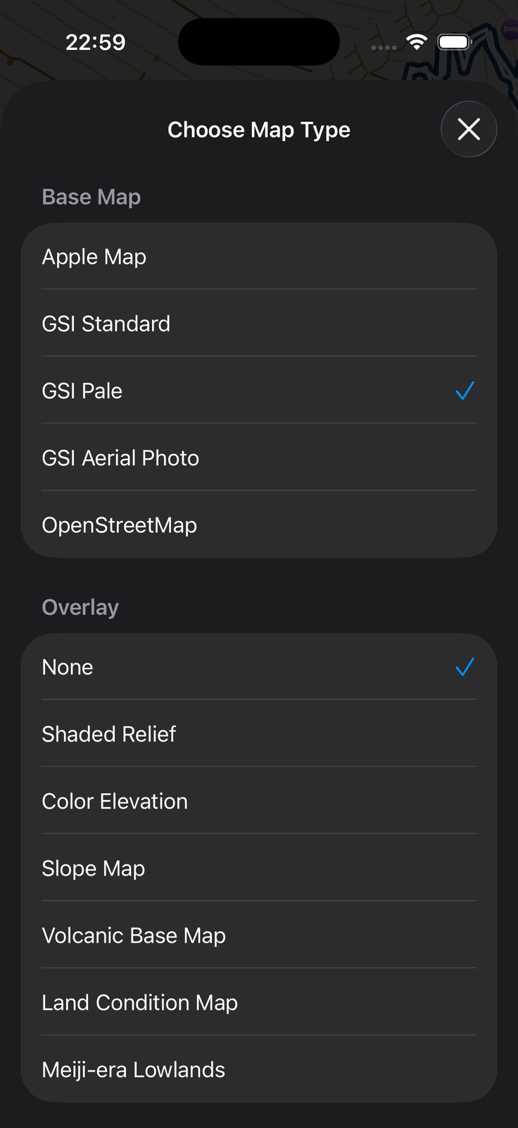 The Map Type Selection screen for choosing the base map and the overlay