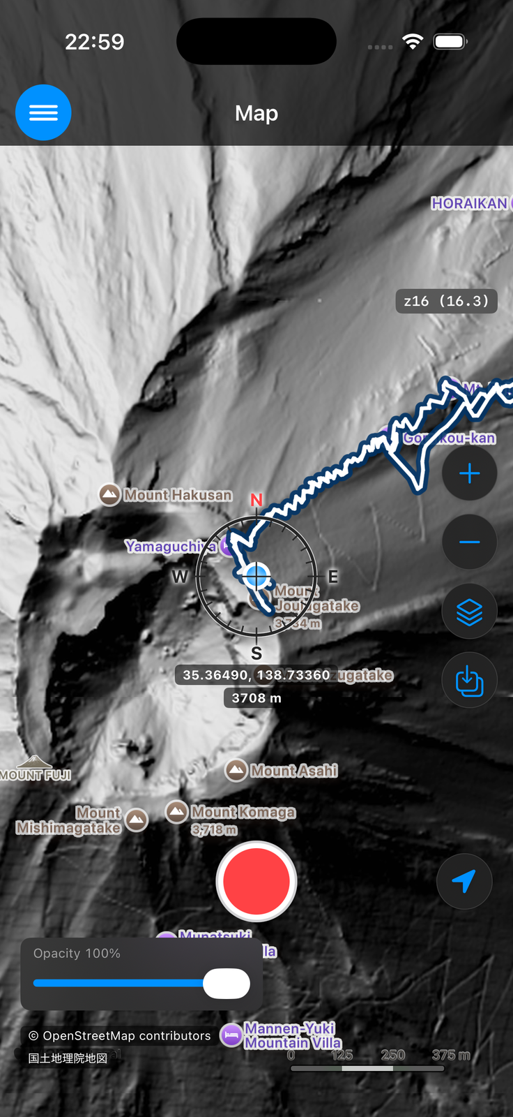 Hillshade overlay on the map, with the transparency slider shown