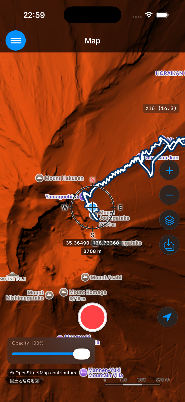 Elevation tints overlay on the map, with the transparency slider shown