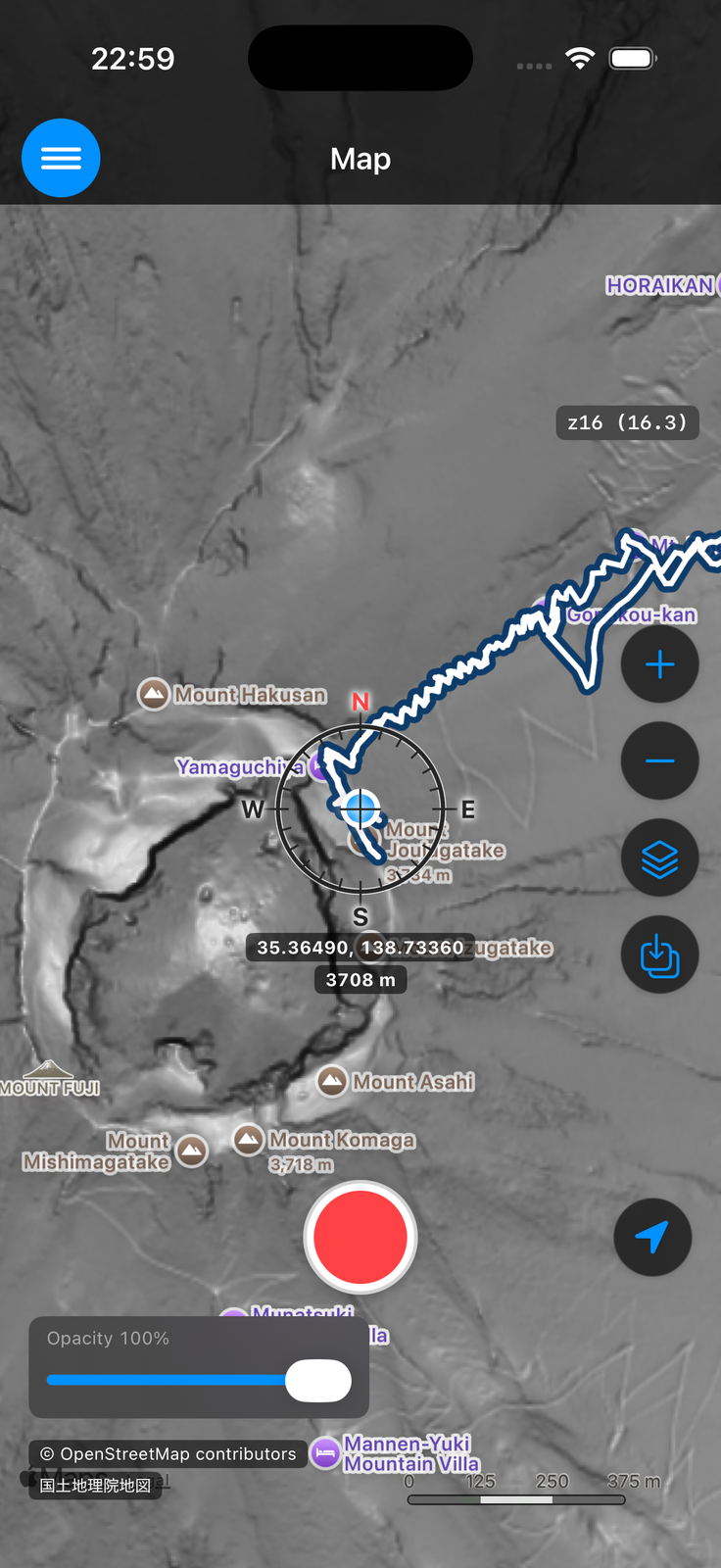 Slope overlay on the map, with the transparency slider shown