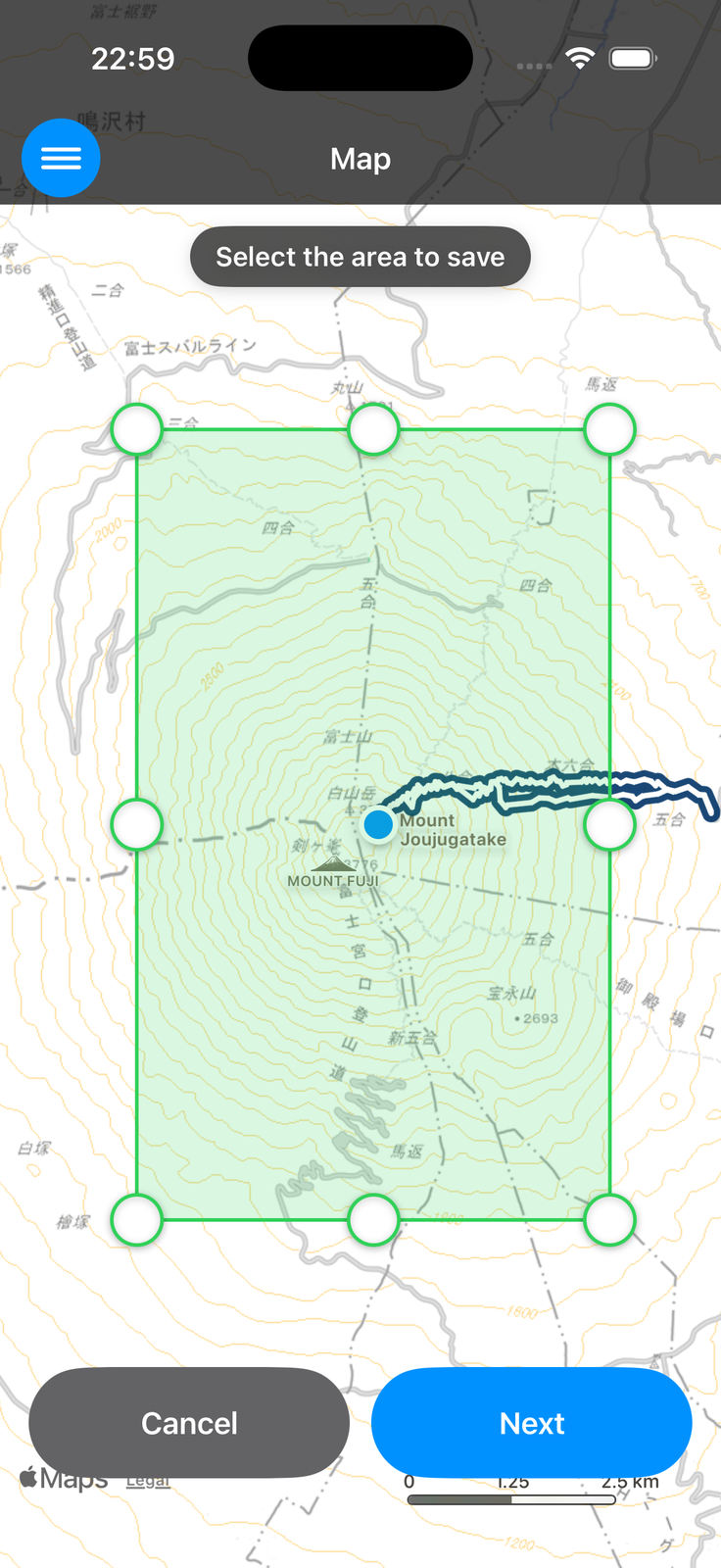 Area selection screen for an offline map. Drag the handles of the green rectangle to set the area
