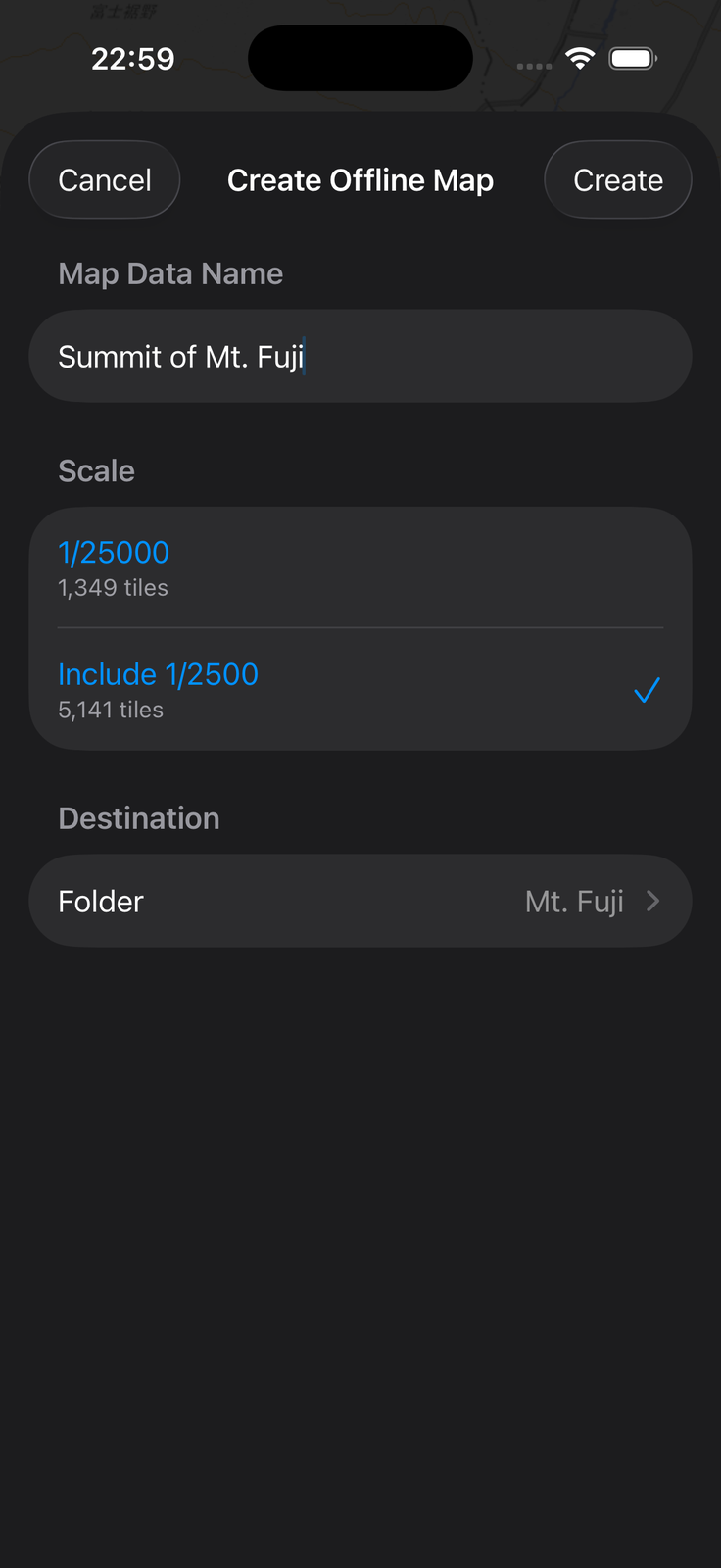 Creation dialog for specifying the offline map's name, scale and destination folder