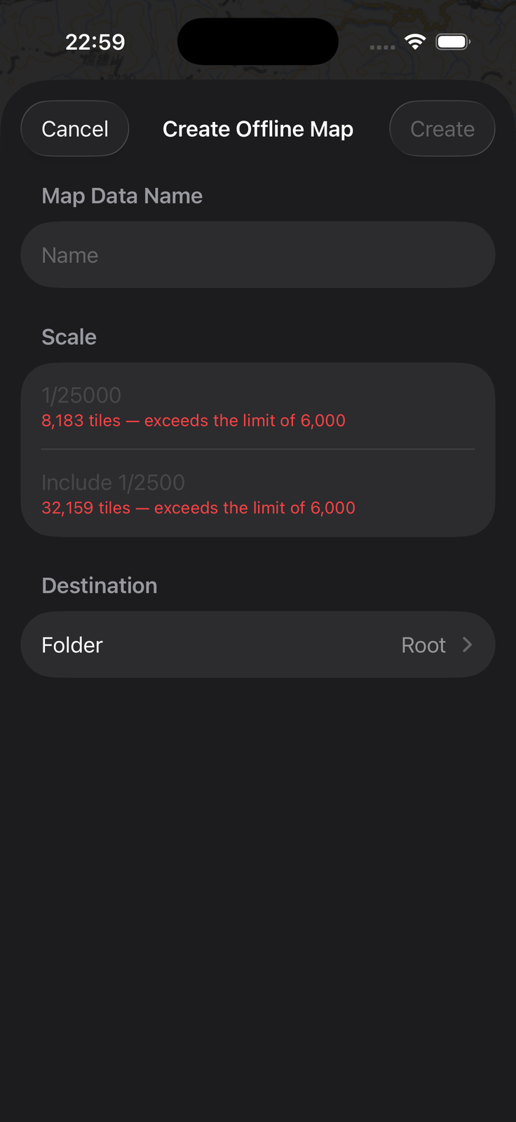 Creation dialog with the tile count shown in red because it exceeds the 6,000-tile limit