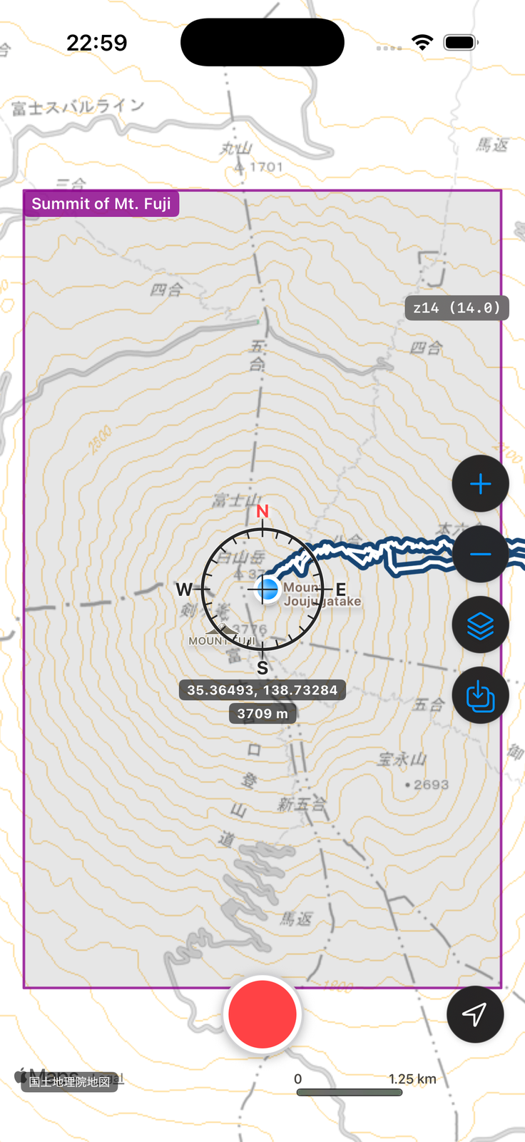 Map screen after completion, with the offline map's area shown as a purple frame