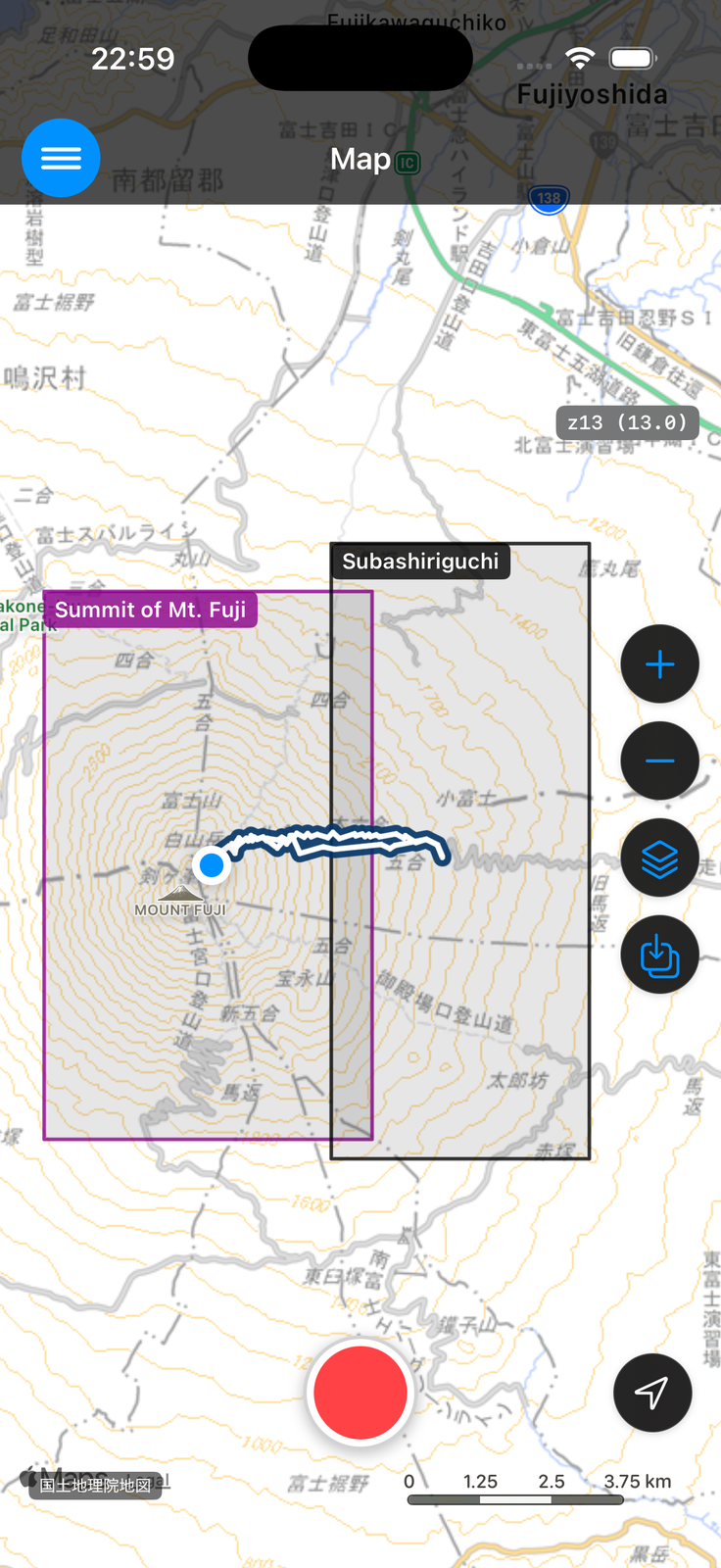Map showing a purple frame (Selected) and a black frame (Frame shown) at the same time