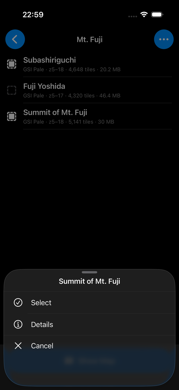 Action sheet with Select and Details, shown after tapping an offline map in the list