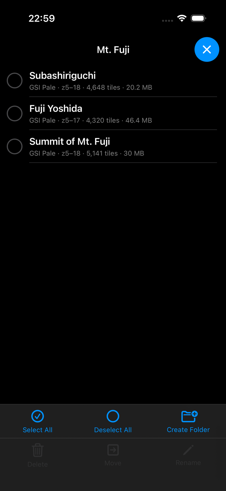 List screen in file management mode, where you can delete, move and rename offline maps and create folders