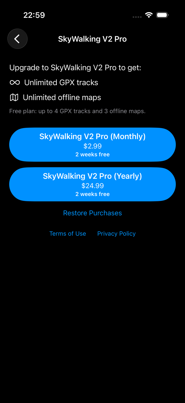 SkyWalking V2 Pro purchase screen (price, free trial and Restore Purchases)
