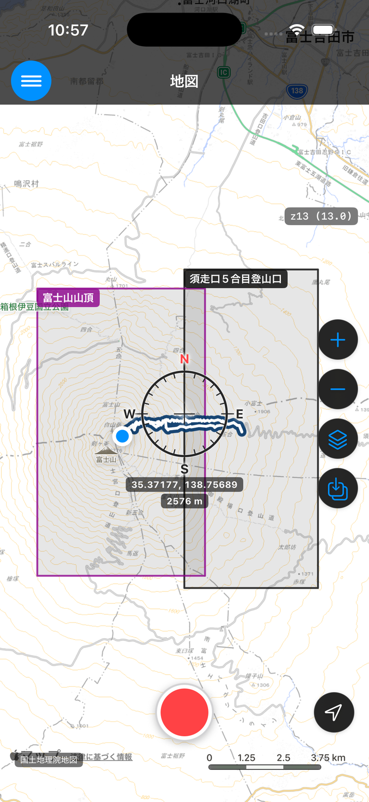 地図上に紫の枠(選択状態)と黒の枠(表示状態)が同時に表示されている画面
